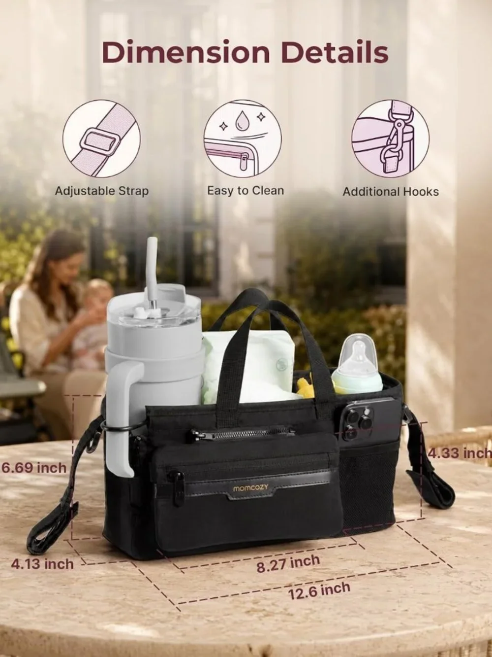 Stroller Organizer with 40 oz Tumbler Holder & Non-Slip Straps for Moms
